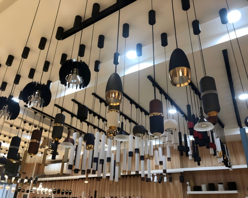 conical, cylindrical, and spherical aluminum pendant light