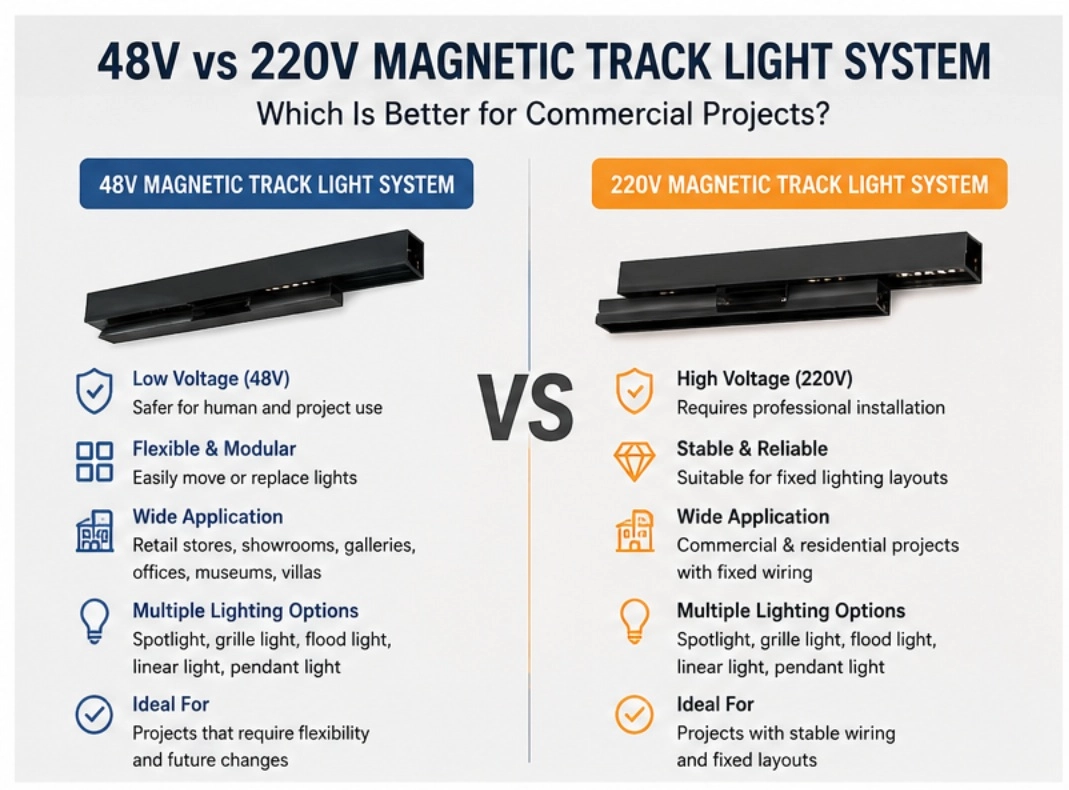 48V vs 220V Magnetic Track Light System: Which Is Better for Commercial Projects? 48V vs 220V Magnetic Track Light System: Which Is Better for Commercial Projects?