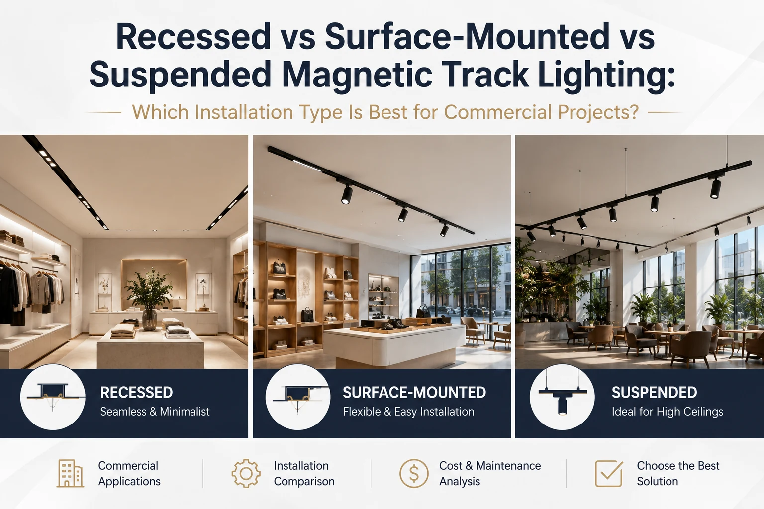Recessed vs Surface Mounted vs Suspended Magnetic Track Lighting: How to Choose the Right System for Commercial Projects Recessed vs Surface Mounted vs Suspended Magnetic Track Lighting: How to Choose the Right System for Commercial Projects