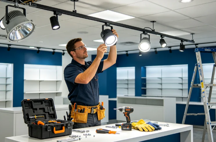 Electrician doing HID to LED lighting retrofit