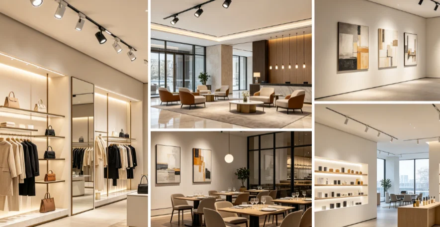 Multi commercial interior layouts with 48V magnetic track lights