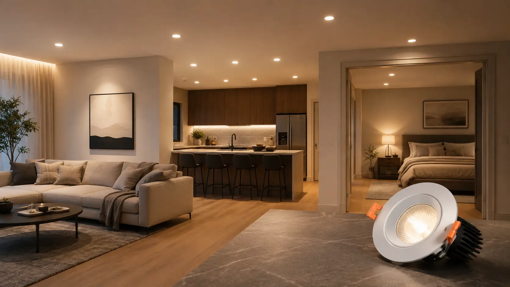 Adjustable LED downlight used across a living room, kitchen, and bedroom