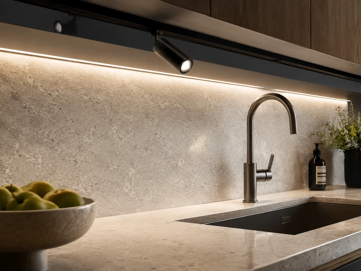 Close-up of a modern stainless steel kitchen faucet and sink illuminated by an adjustable black track spotlight and LED strip lighting