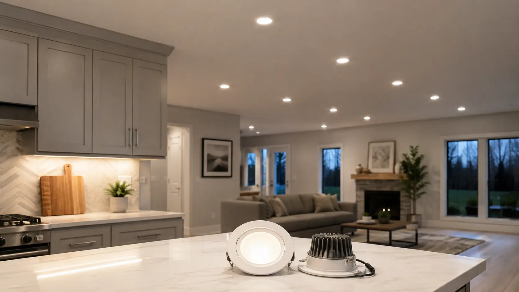 LED downlight and heat sink displayed in a modern kitchen and living room