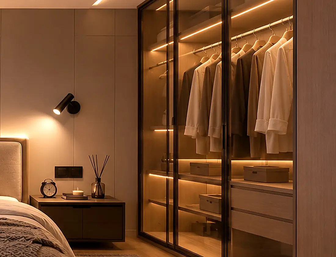 Modern built-in glass wardrobe with integrated warm LED strip lighting displaying neatly hung clothes beside a bedside table