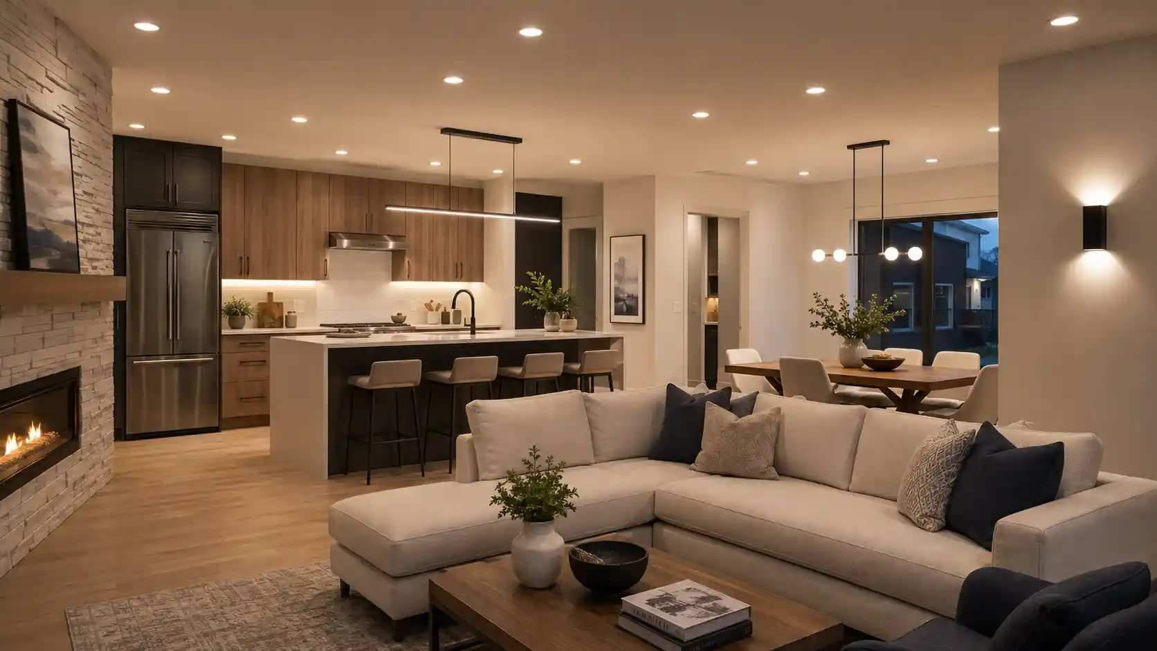 Modern open-plan living room and kitchen with layered LED light fixtures