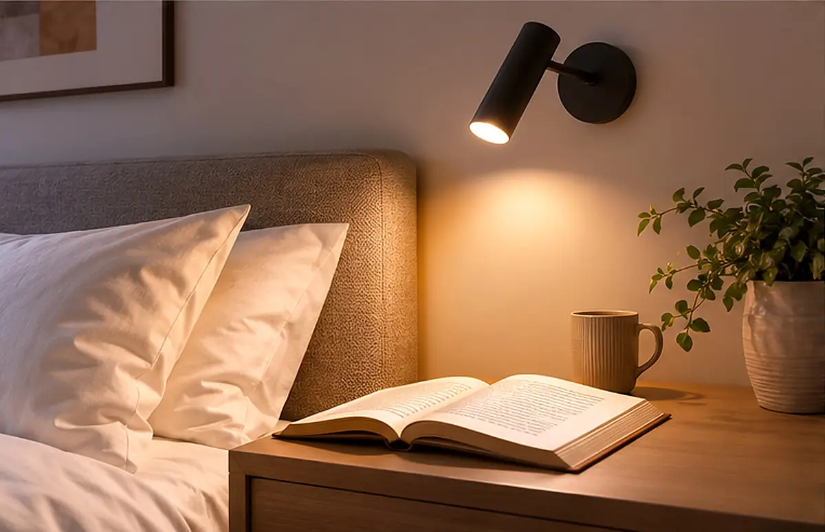 Open book and coffee mug on a bedside wooden nightstand illuminated by a black adjustable wall reading lamp