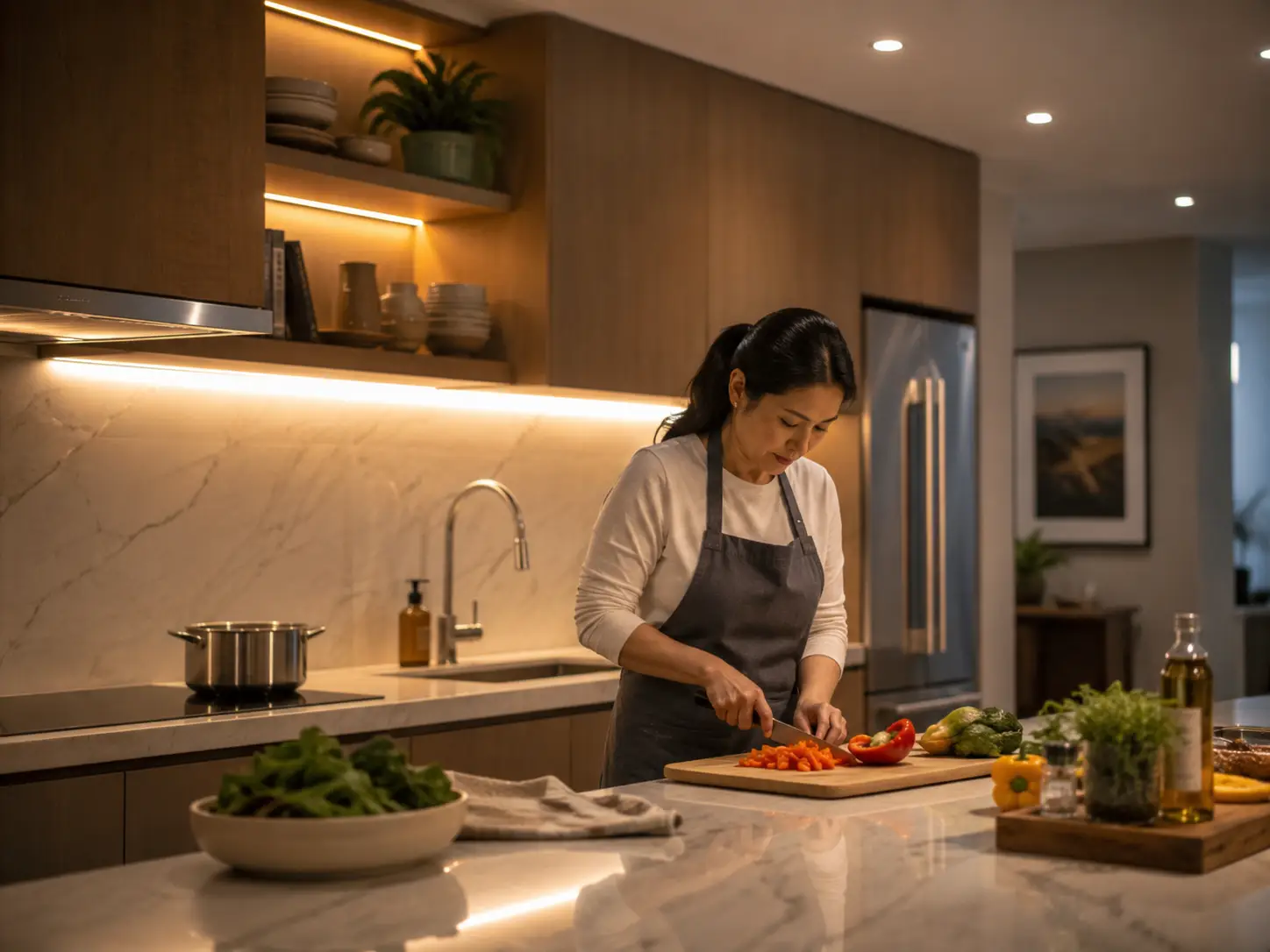 Woman in an apron chopping fresh vegetables on a wooden cutting board over a marble kitchen island with warm under-cabinet lighting.