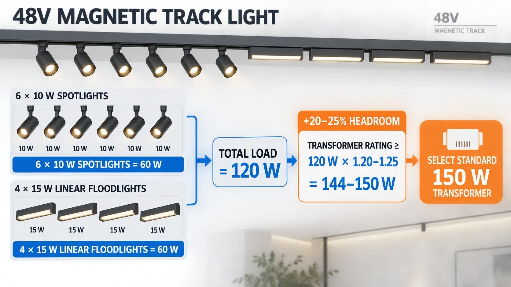 48V magnetic track light total load calculation with 20 percent safety headroom