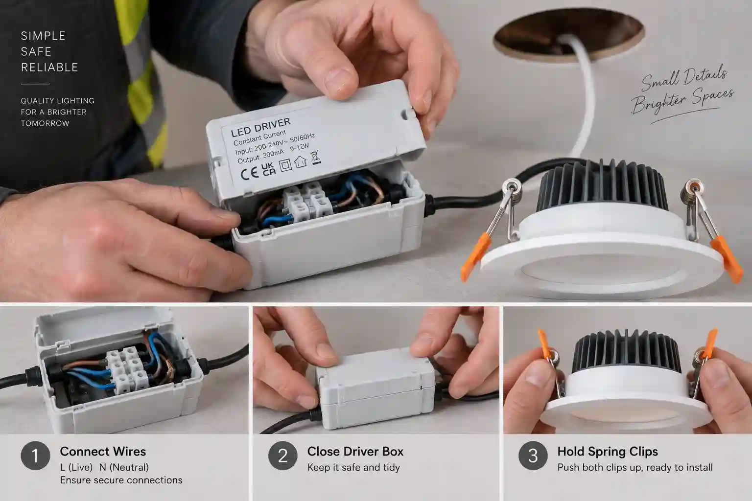 Connecting external LED driver wiring and holding spring clips on downlight fitting