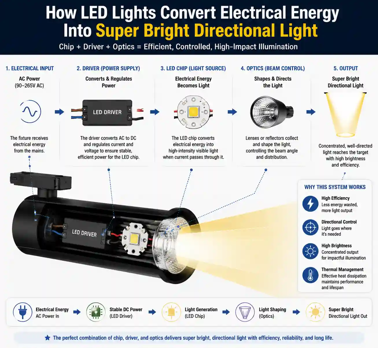 Diagram showing how LED lights convert electrical energy into super bright directional light through chip, driver, and optics
