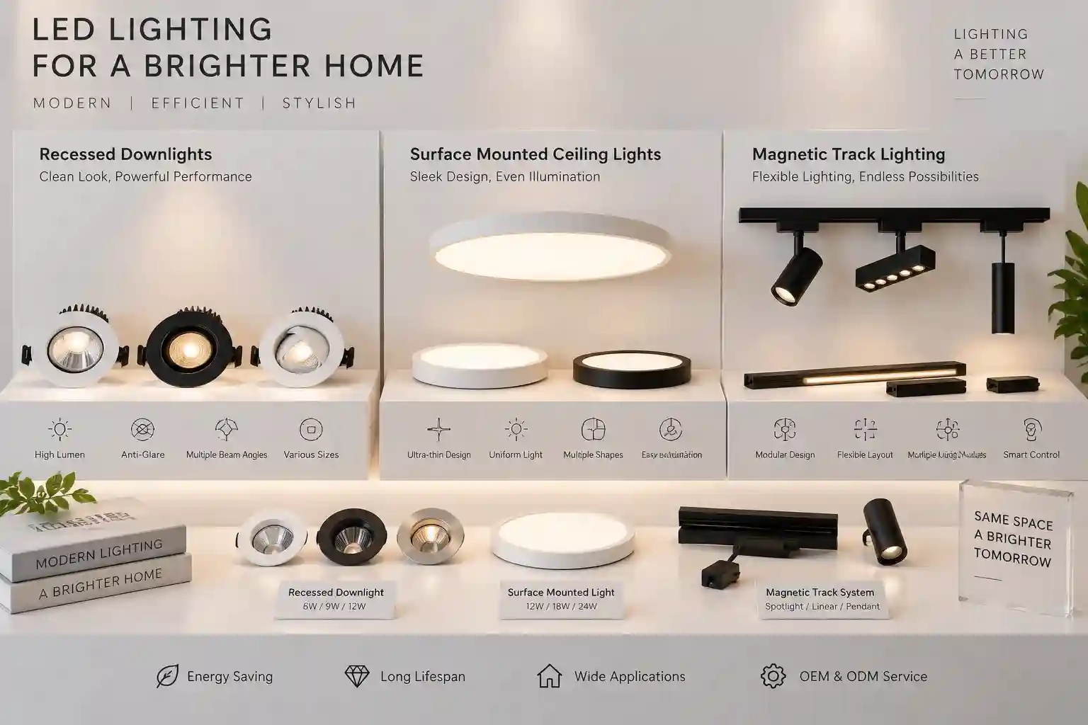 Home LED lighting fixture types comparing recessed downlights and magnetic track lights