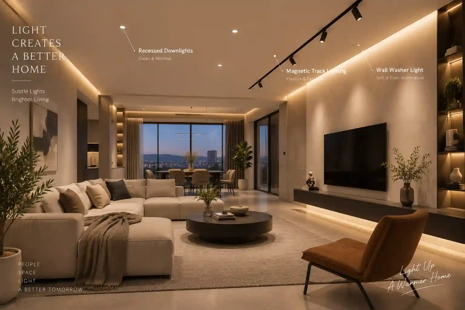 Modern home living room illuminated by layered LED downlights and magnetic track lighting