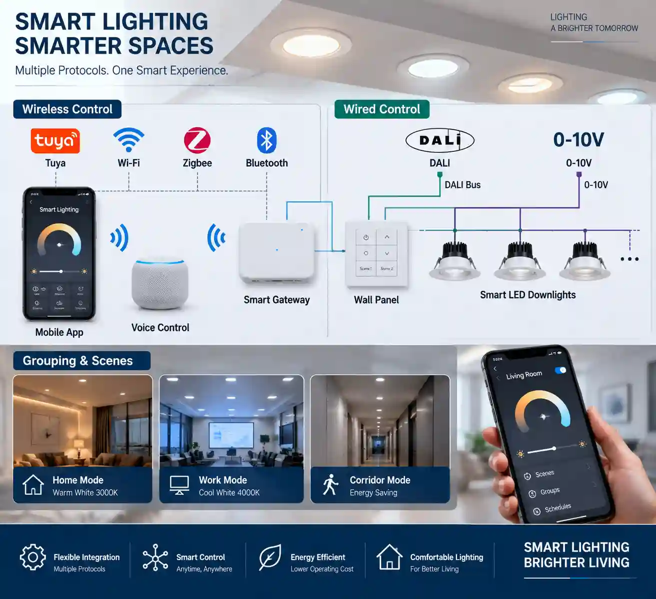 Smart downlight control protocols featuring Tuya Zigbee DALI and 0-10V integration